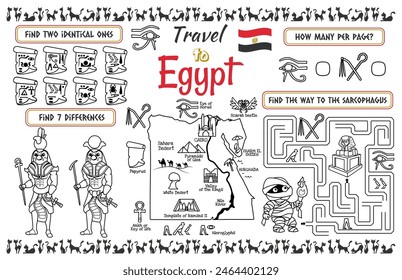 Un mantel divertido para los niños. Hoja de actividades imprimible de “Viaje a Egipto” con un laberinto y encuentra las diferencias. Archivo de Vector imprimible de 17x11 pulgadas