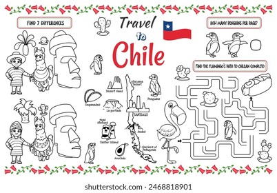 A fun placemat for kids. Printable “Travel to Chile” activity sheet with a labyrinth and find the differences. 17x11 inch printable vector file