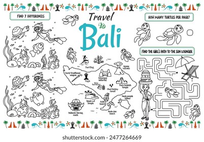 A fun placemat for kids. Printable “Travel to Bali” activity sheet with a labyrinth and find the differences. 17x11 inch printable vector file