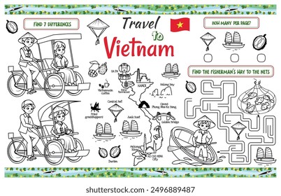 A fun placemat for kids. Printable “Travel to Vietnam” activity sheet with a labyrinth and find the differences. 17x11 inch printable vector file