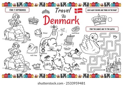 A fun placemat for kids. Printable “Travel to Denmark” activity sheet with a labyrinth and find the differences. 17x11 inch printable vector file