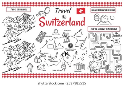 A fun placemat for kids. Printable “Travel to Switzerland” activity sheet with a labyrinth and find the differences. 17x11 inch printable vector file