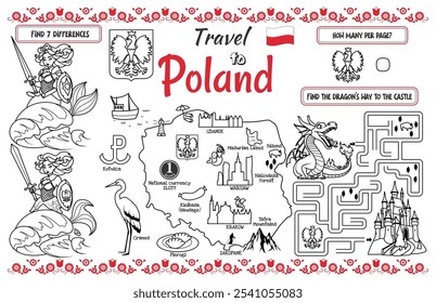 A fun placemat for kids. Printable “Travel to Poland” activity sheet with a labyrinth and find the differences. 17x11 inch printable vector file