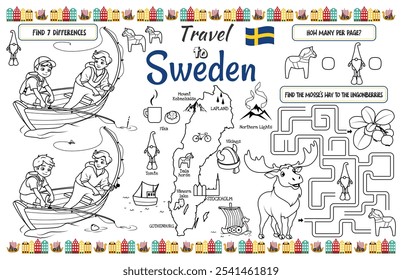 A fun placemat for kids. Printable “Travel to Sweden” activity sheet with a labyrinth and find the differences. 17x11 inch printable vector file