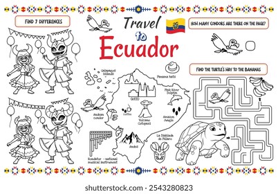 Un placemat divertido para los niños. Imprimible hoja de actividad “Viaja a Ecuador” con un laberinto y encuentra las diferencias. Archivo de Vector imprimible de 17x11 pulgadas