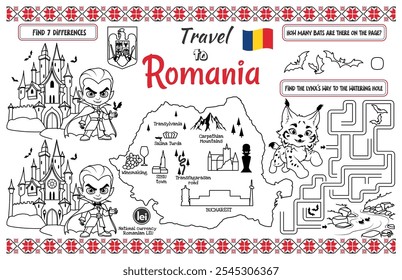 Um lugar divertido para crianças. Folha de atividade "Viajar para a Romênia" imprimível com um labirinto e encontrar as diferenças. Arquivo vetorial imprimível de 17 x 11 polegadas
