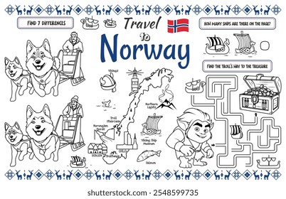 Un placemat divertido para los niños. Imprimible hoja de actividad “Viaje a Noruega” con un laberinto y encontrar las diferencias. Archivo de Vector imprimible de 17x11 pulgadas