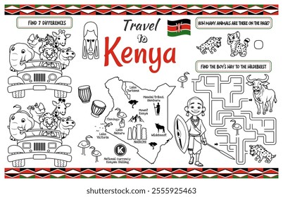 A fun placemat for kids. Printable “Travel to Kenya” activity sheet with a labyrinth and find the differences. 17x11 inch printable vector file
