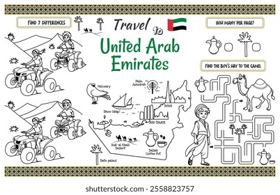 A fun placemat for kids. Printable “Travel to UAE” activity sheet with a labyrinth and find the differences. 17x11 inch printable vector file