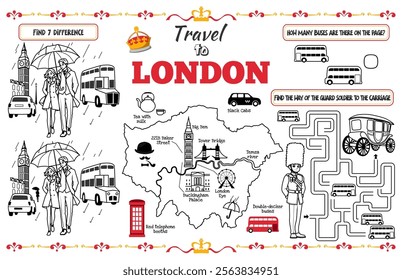  A fun placemat for kids. Printable “Travel to London” activity sheet with a labyrinth and find the differences. 17x11 inch printable vector file