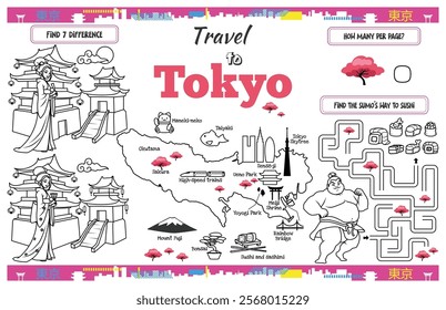 A fun placemat for kids. Printable “Travel to Tokyo” activity sheet with a labyrinth and find the differences. 17x11 inch printable vector file