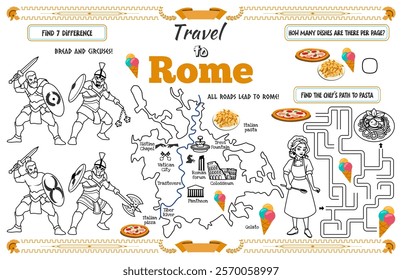 A fun placemat for kids. Printable “Travel to Rome” activity sheet with a labyrinth and find the differences. 17x11 inch printable vector file