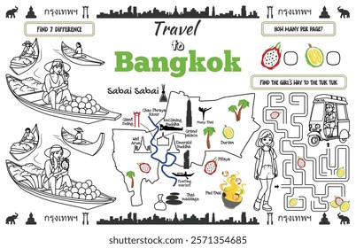 A fun placemat for kids. Printable “Travel to Bangkok” activity sheet with a labyrinth and find the differences. 17x11 inch printable vector file