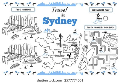 A fun placemat for kids. Printable “Travel to Sydney” activity sheet with a labyrinth and find the differences. 17x11 inch printable vector file