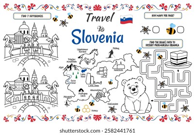 A fun placemat for kids. Printable “Travel to Slovenia” activity sheet with a labyrinth and find the differences. 17x11 inch printable vector file