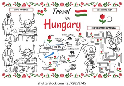 A fun placemat for kids. Printable “Travel to Hungary” activity sheet with a labyrinth and find the differences. 17x11 inch printable vector file	