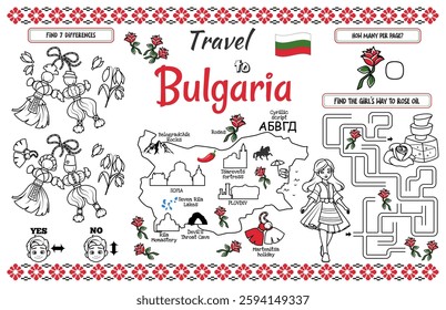A fun placemat for kids. Printable “Travel to Bulgaria” activity sheet with a labyrinth and find the differences. 17x11 inch printable vector file