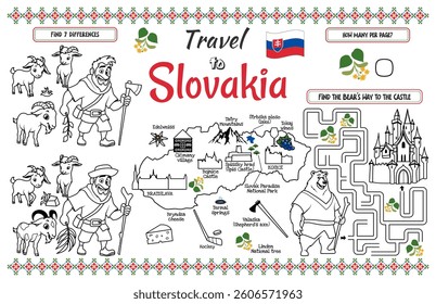 A fun placemat for kids. Printable “Travel to Slovakia” activity sheet with a labyrinth and find the differences. 17x11 inch printable vector file