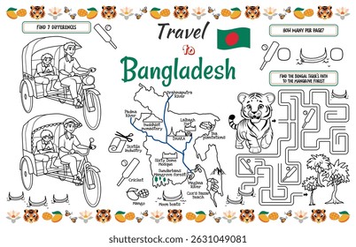 Um lugar divertido para crianças. Folha de atividades "Viajar para Bangladesh" impressa com um labirinto e veja as diferenças. Arquivo vetorial imprimível de 17 x 11 polegadas