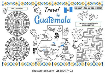 Un placemat divertido para los niños. Imprimible hoja de actividad “Viaja a Guatemala” con un laberinto y encuentra las diferencias. Archivo de Vector imprimible de 17x11 pulgadas	