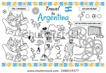 A fun placemat for kids. Printable “Travel to Argentina” activity sheet with a labyrinth and find the differences. 17x11 inch printable vector file