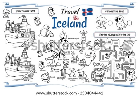 A fun placemat for kids. Printable “Travel to Iceland” activity sheet with a labyrinth and find the differences. 17x11 inch printable vector file