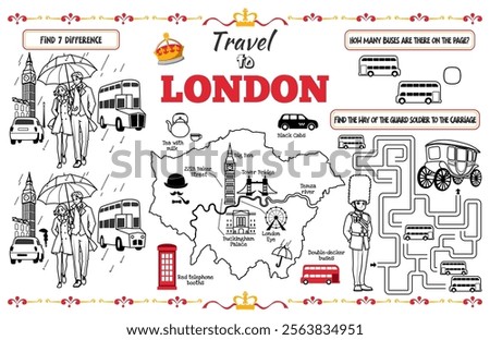  A fun placemat for kids. Printable “Travel to London” activity sheet with a labyrinth and find the differences. 17x11 inch printable vector file