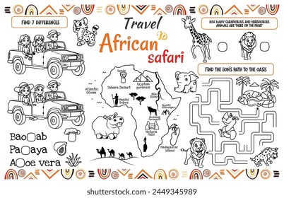 Un mantel divertido para los niños. Imprimible a la hoja de actividades “Viaje al safari africano” con un laberinto, encontrar las diferencias y encontrar las mismas. Archivo de Vector imprimible de 17x11 pulgadas