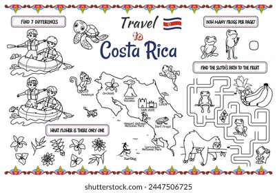 A fun placemat for kids. Printable to “Travel to Costa Rica” activity sheet with a labyrinth, find the differences and find the same ones. 17x11 inch printable vector file