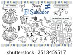 A fun placemat for kids. Printable “Travel to El Salvador” activity sheet with a labyrinth and find the differences. 17x11 inch printable vector file