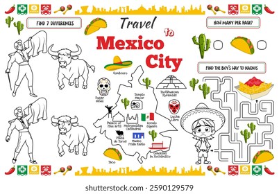 A fun placemat for kids. Printable “Travel to Mexico City” activity sheet with a labyrinth and find the differences. 17x11 inch printable vector file