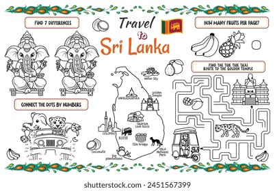 A fun placemat for kids. Printable to “Travel to Sri Lanka” activity sheet with a labyrinth, find the differences and connect dots. 17x11 inch printable vector file