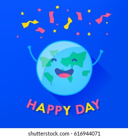 Fun planet with hands and serpentine. Happy Earth Day card. Vector illustration.