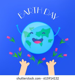 Fun planet with hands and tulips. Earth Day card. Vector illustration.