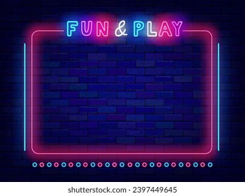 Fun and play neon banner. Striped pink frame with space for text. Kids zone. Night show advertising. Game design. Competition and concert. Glowing poster. Editing text. Vector stock illustration