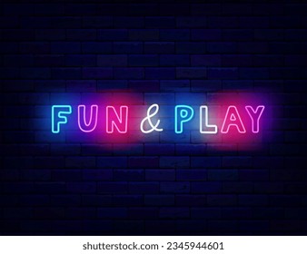 Fun and play neon inscription. Kids world logotype. Handwritten colorful greeting card. Play zone. Glowing advertising on brick wall. Game design. Editable stroke. Vector stock illustration