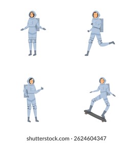 Fun and playful astronaut cartoon character poses collection in vector illustration set on white background for children's scifi adventure and fantasy art design