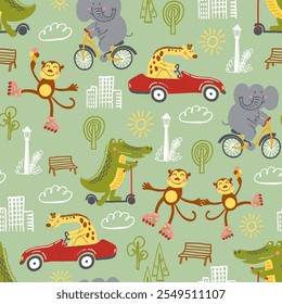 Animales divertidos y juguetones en la ilustración del parque de la ciudad. Patrón sin fisuras de Vector con monos patinando, jirafas en coches de juguete, cocodrilos y diversión de verano. Imprimir con elefantes felices en bicicletas