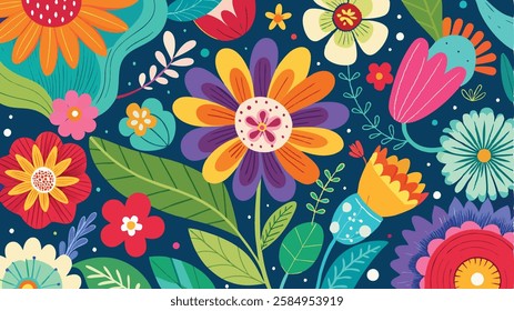 A fun and playful background with hand-drawn, whimsical flowers in bright colors