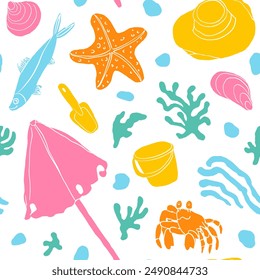 Fun playful beach seamless pattern with a crab, fish, umbrella, bucket, shovel, starfish, seashells, weeds and pebbles. Textile, paper design. Cartoon, childish.