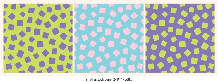 Fun playful bundle of blue, pink and lime green rectangles seamless repeat pattern. Random placed, vector geometric shaped aop, all over surface print set.