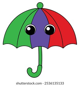 Divertido e divertido desenho animado guarda-chuva ilustração vetorial com olhos expressivos, perfeito para projetos infantis, decoração, impressões digitais e desenhos adicionando um toque colorido e caprichoso.