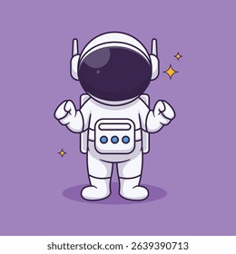A fun and playful collection of cartoon astronaut illustrations in hand-drawn flat style. Featuring astronauts in various poses, space helmets, rockets, planets, stars, satellites, and cosmic elements