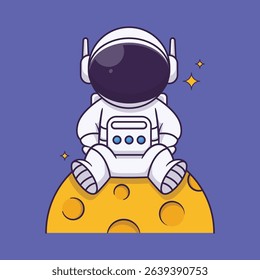 A fun and playful collection of cartoon astronaut illustrations in hand-drawn flat style. Featuring astronauts in various poses, space helmets, rockets, planets, stars, satellites, and cosmic elements