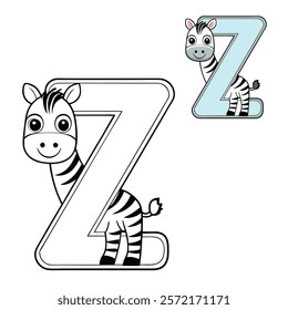 A fun and playful coloring page featuring the letter "Z" with a cute little zebra standing beside it. Perfect for kids to color and learn about the letter "Z"!