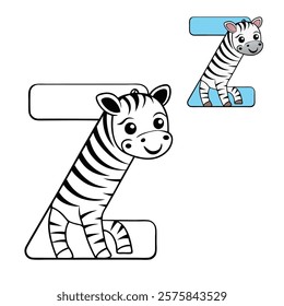 A fun and playful coloring page featuring the letter "Z" with a cute little zebra standing beside it. Perfect for kids to color and learn about the letter "Z"!