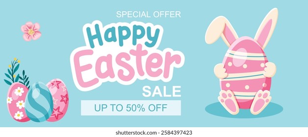 A fun and playful Easter sale banner featuring a decorated egg with bunny ears. Designed for festive promotions, holiday discounts, and online store campaigns.