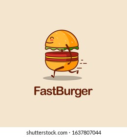 Fun playful fast running burger logo icon vector illustration on light background