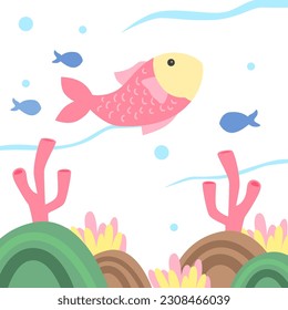 fun playful fish under water aqua ocean wave with coral playful adorable whimsical children style illustration 