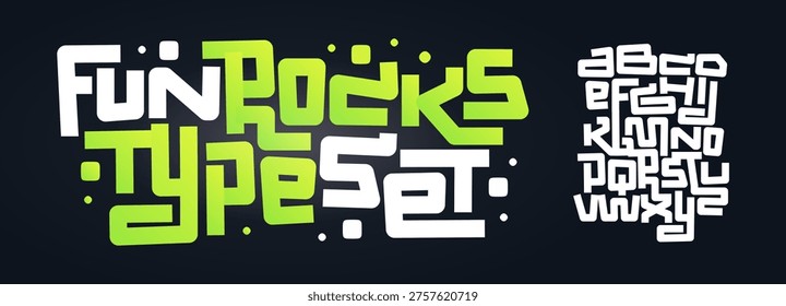 Fun Playful Font Geometric Logo Alphabet Cool Cartoon Letter Set Modern Typography, Creative Typographic Design for Comics Title Text, Typo Poster Headline. Music Fest Style Fonts. Vector Typeface